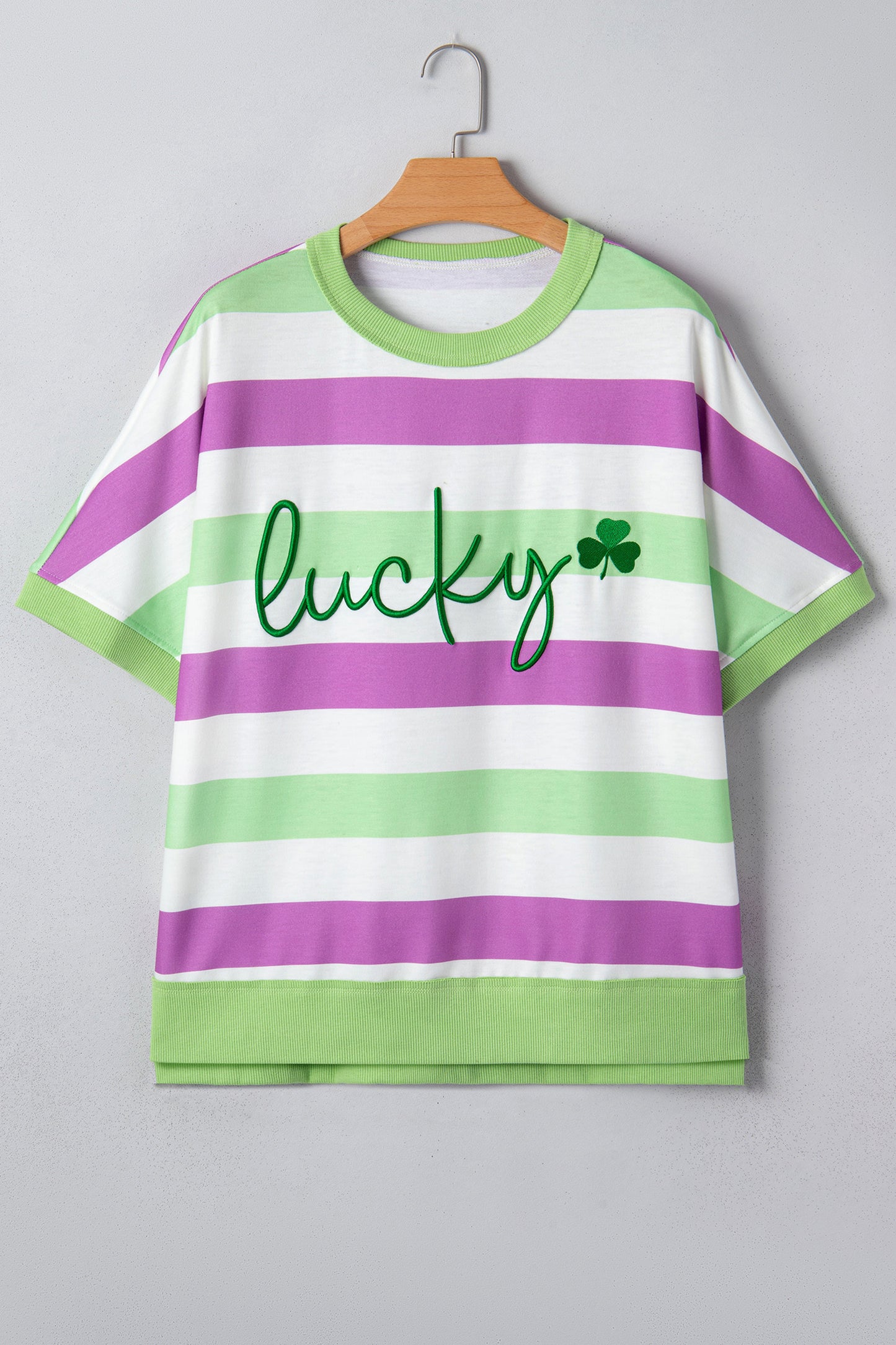 Green Stripe Lucky Clover Embroidered Tee