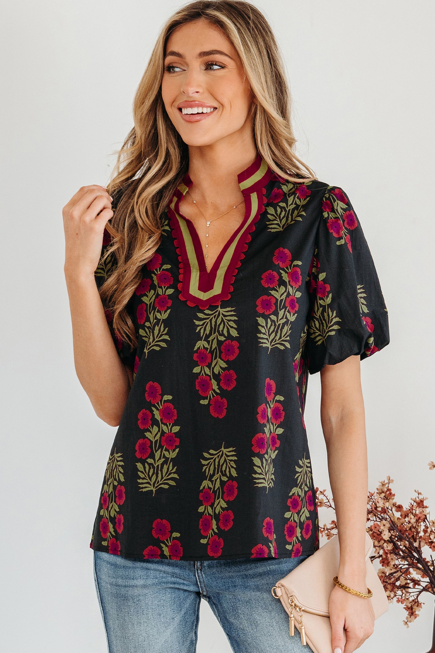 Black Floral Short Bubble Sleeve Contrast Blouse