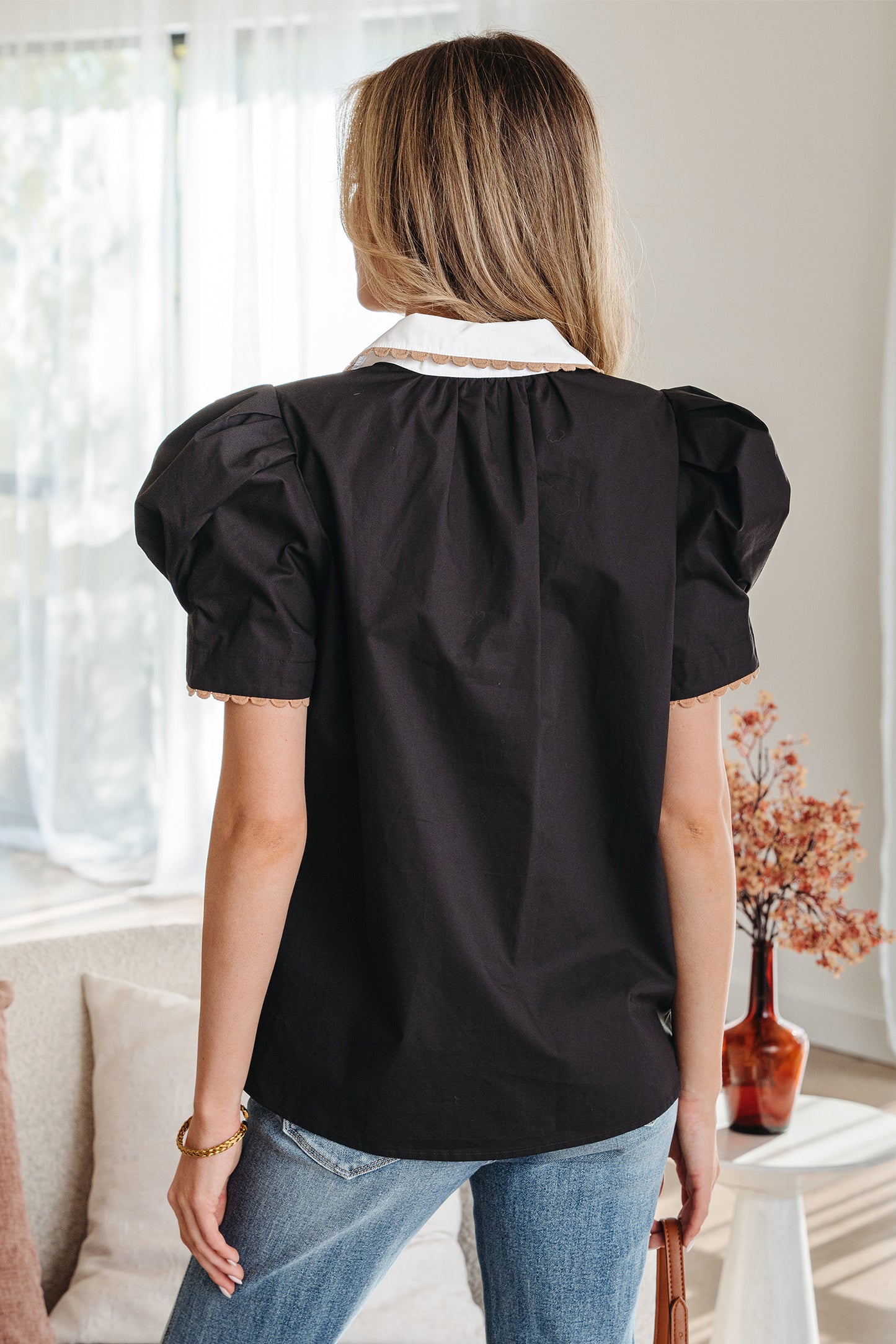 Black Ricrac Trim Color Block Short Sleeve Blouse