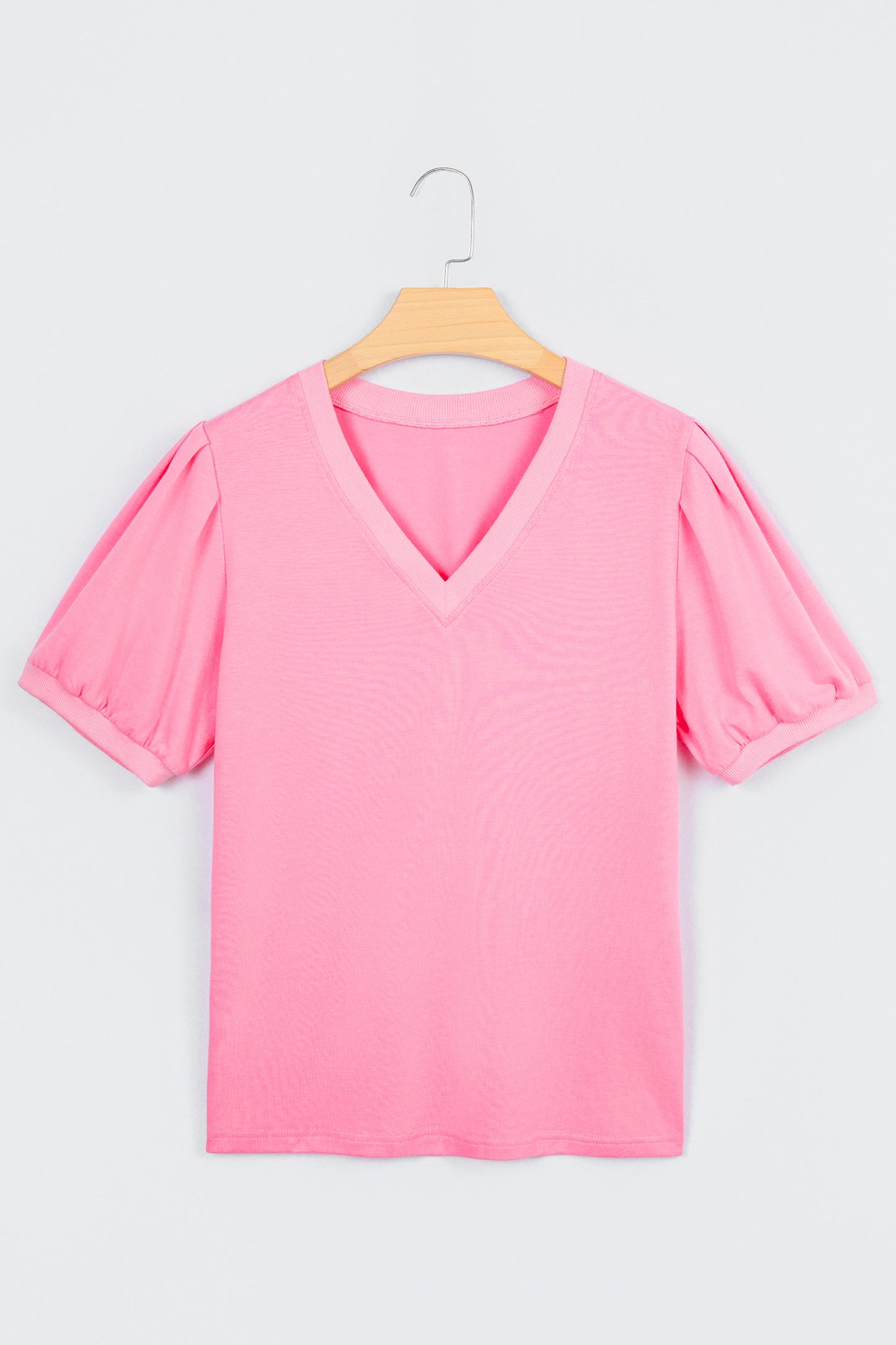 Pink Solid Color V Neck Short Puff Sleeve Top