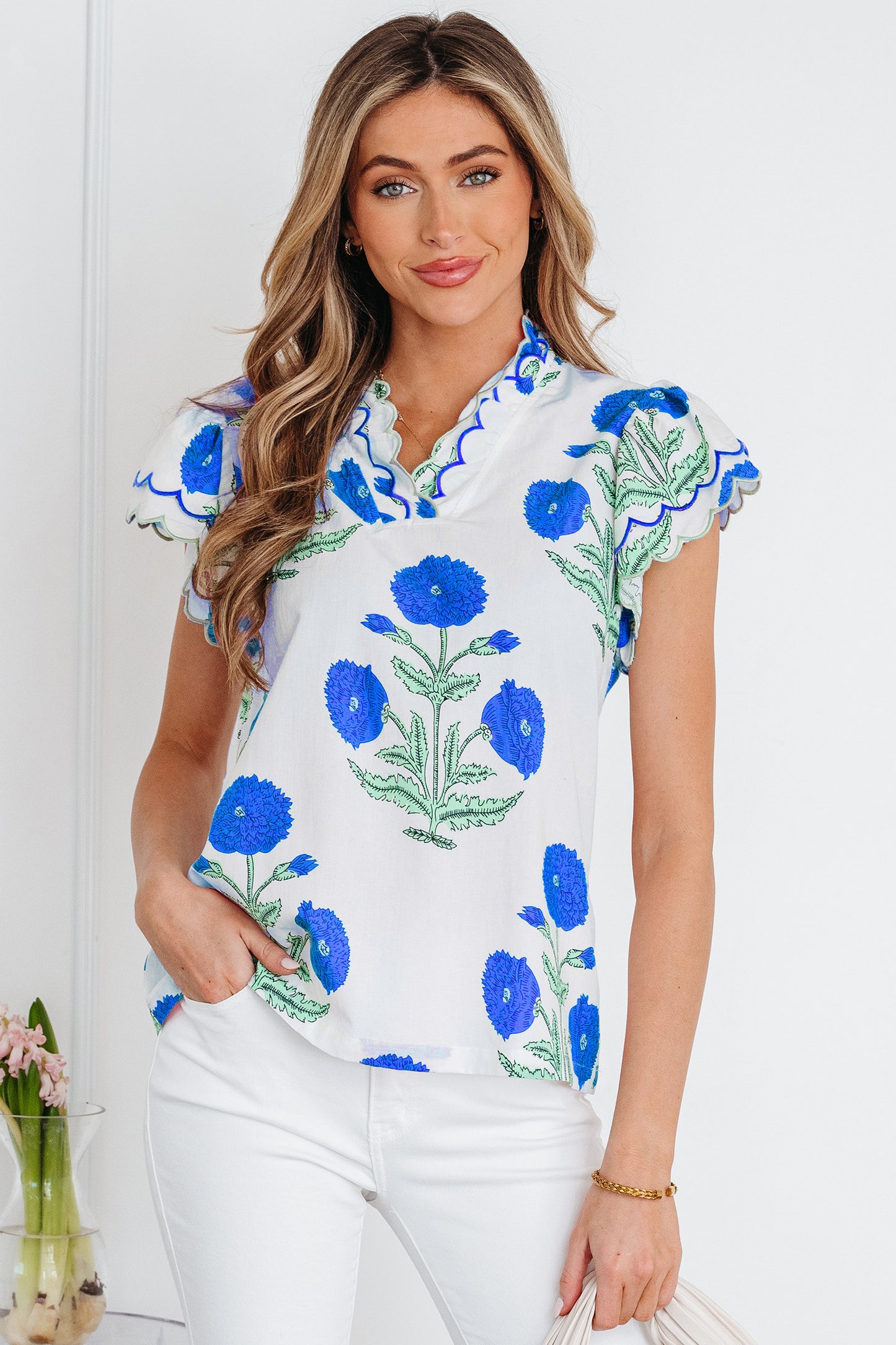 Blue Flower Print Contrast Trim Scallop Detail Short Sleeve Top