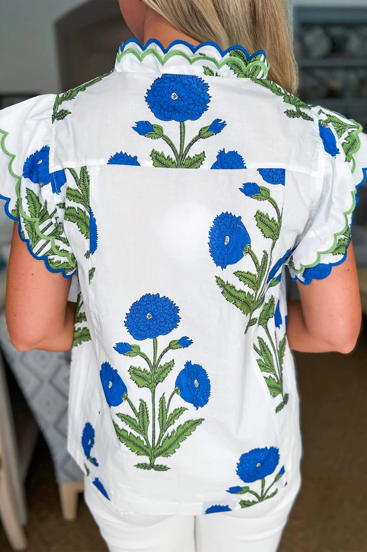 Blue Flower Print Contrast Trim Scallop Detail Short Sleeve Top