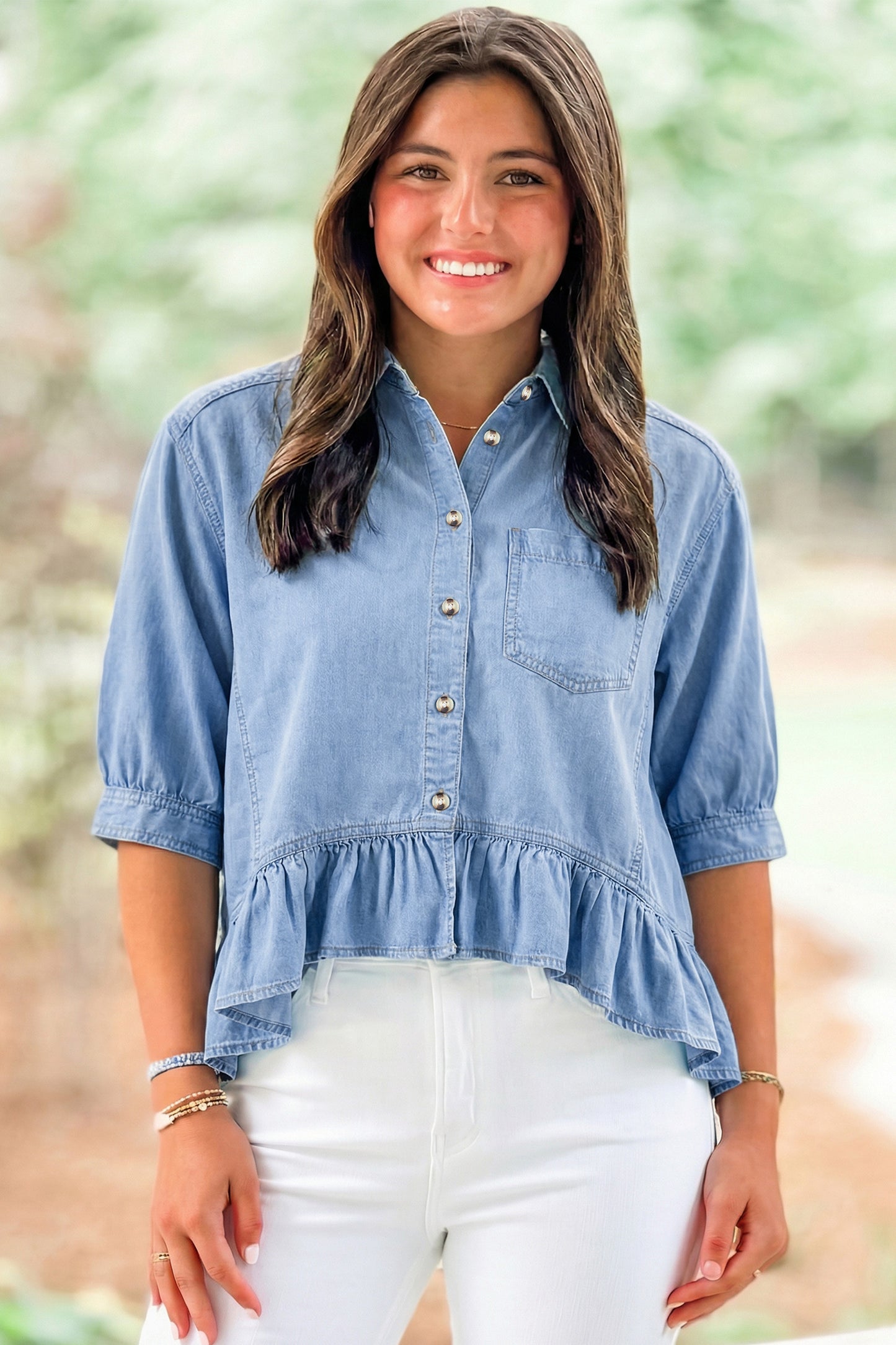 Button Down Ruffled High Low Chambray Shirt