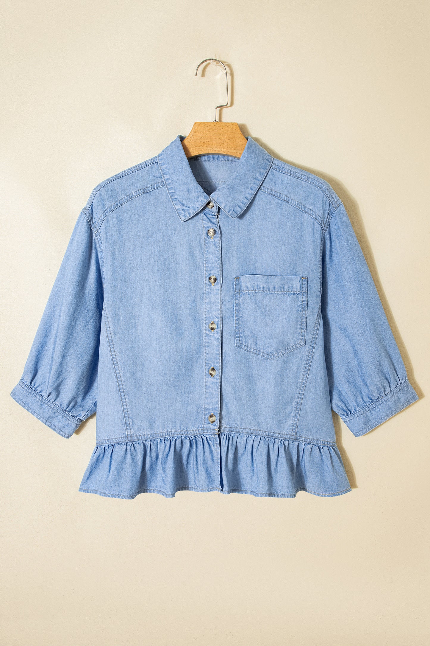 Button Down Ruffled High Low Chambray Shirt