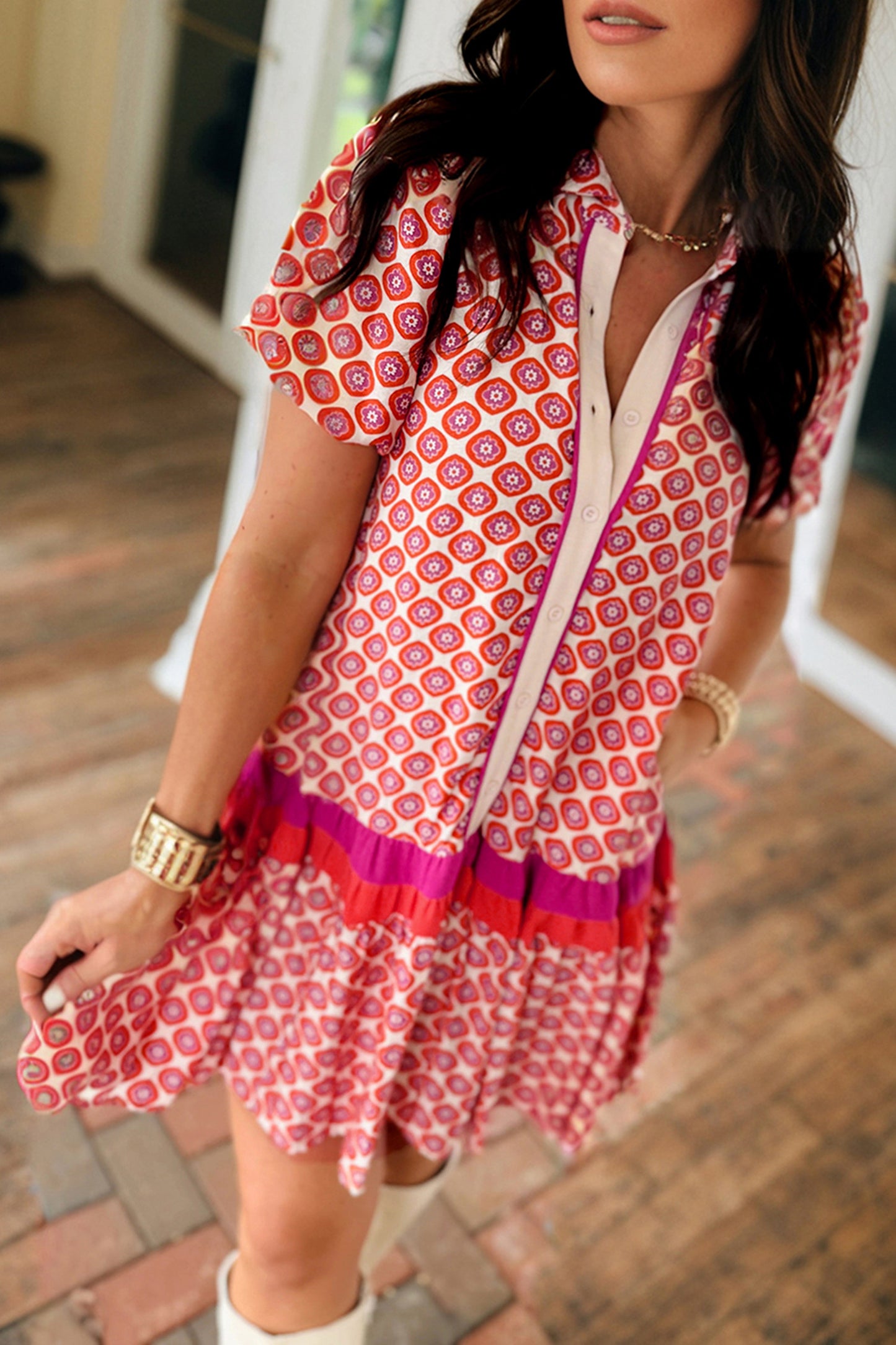 Hot Pink Geometric Print Color Block Trim Button Front Ruffle Hem Dress