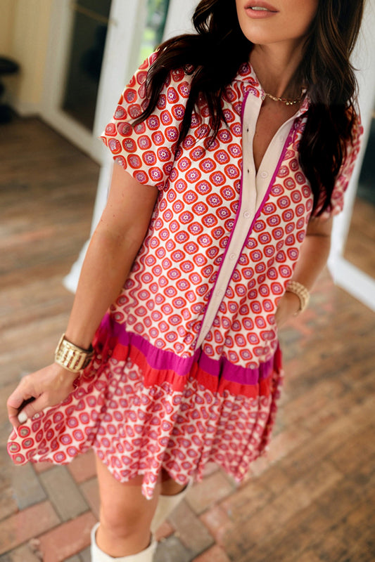 Hot Pink Geometric Print Color Block Trim Button Front Ruffle Hem Dress