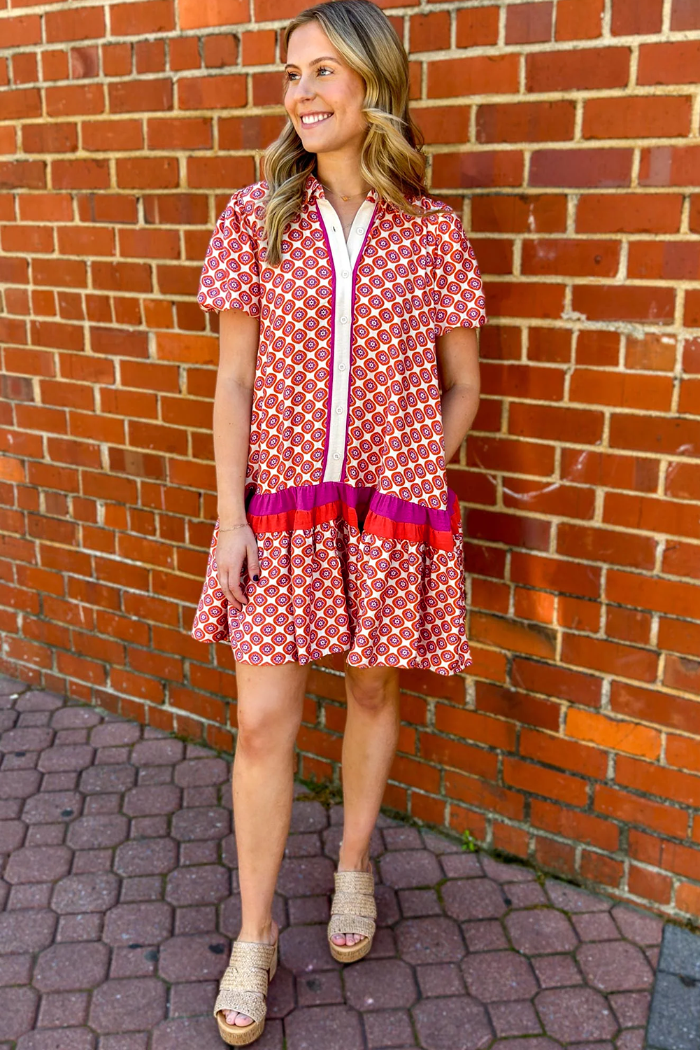 Hot Pink Geometric Print Color Block Trim Button Front Ruffle Hem Dress