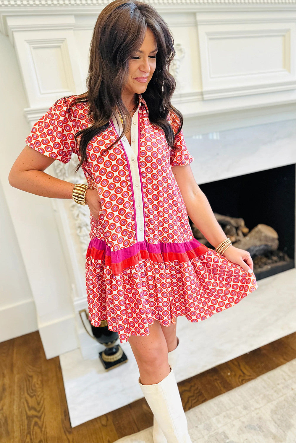 Hot Pink Geometric Print Color Block Trim Button Front Ruffle Hem Dress