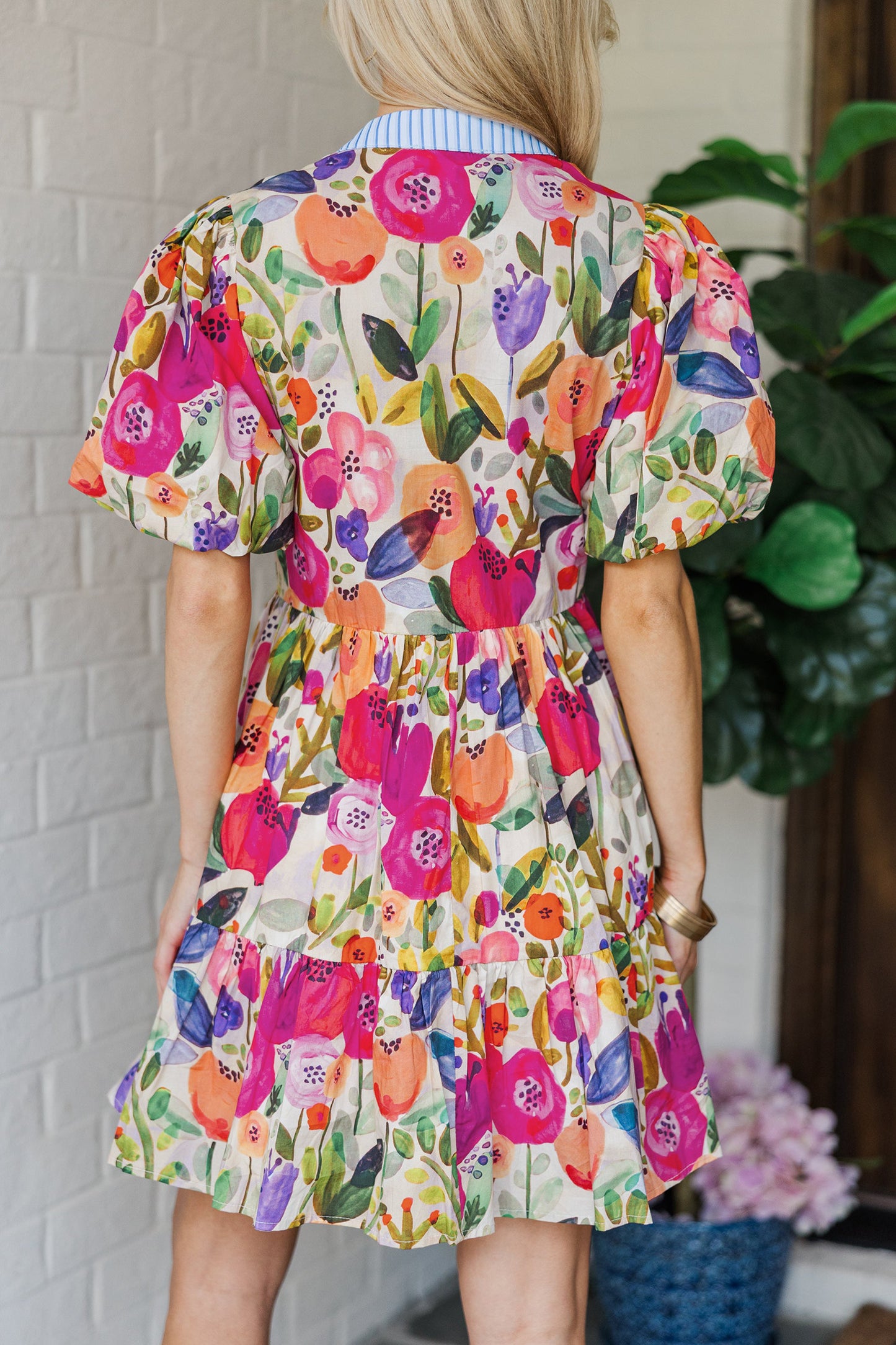 Bright Floral Print Ricrac Trim Striped Patchwork V Neck Dress