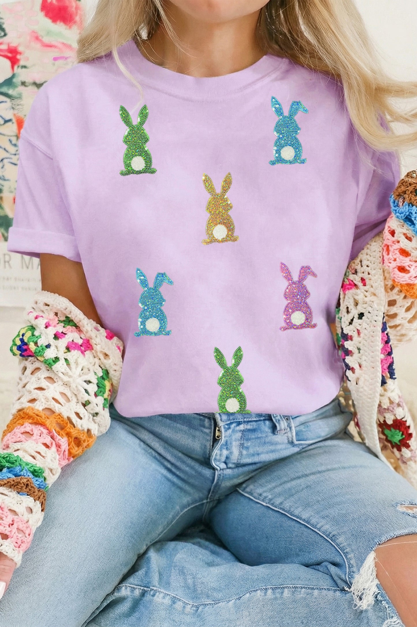 Light Purple Sequin Bunny Patch Tee