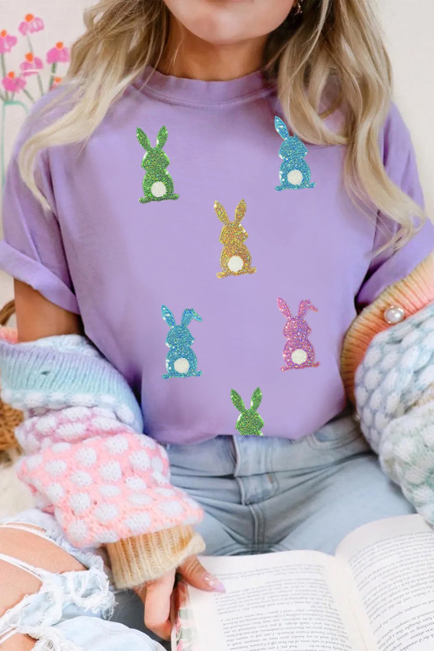 Light Purple Sequin Bunny Patch Tee