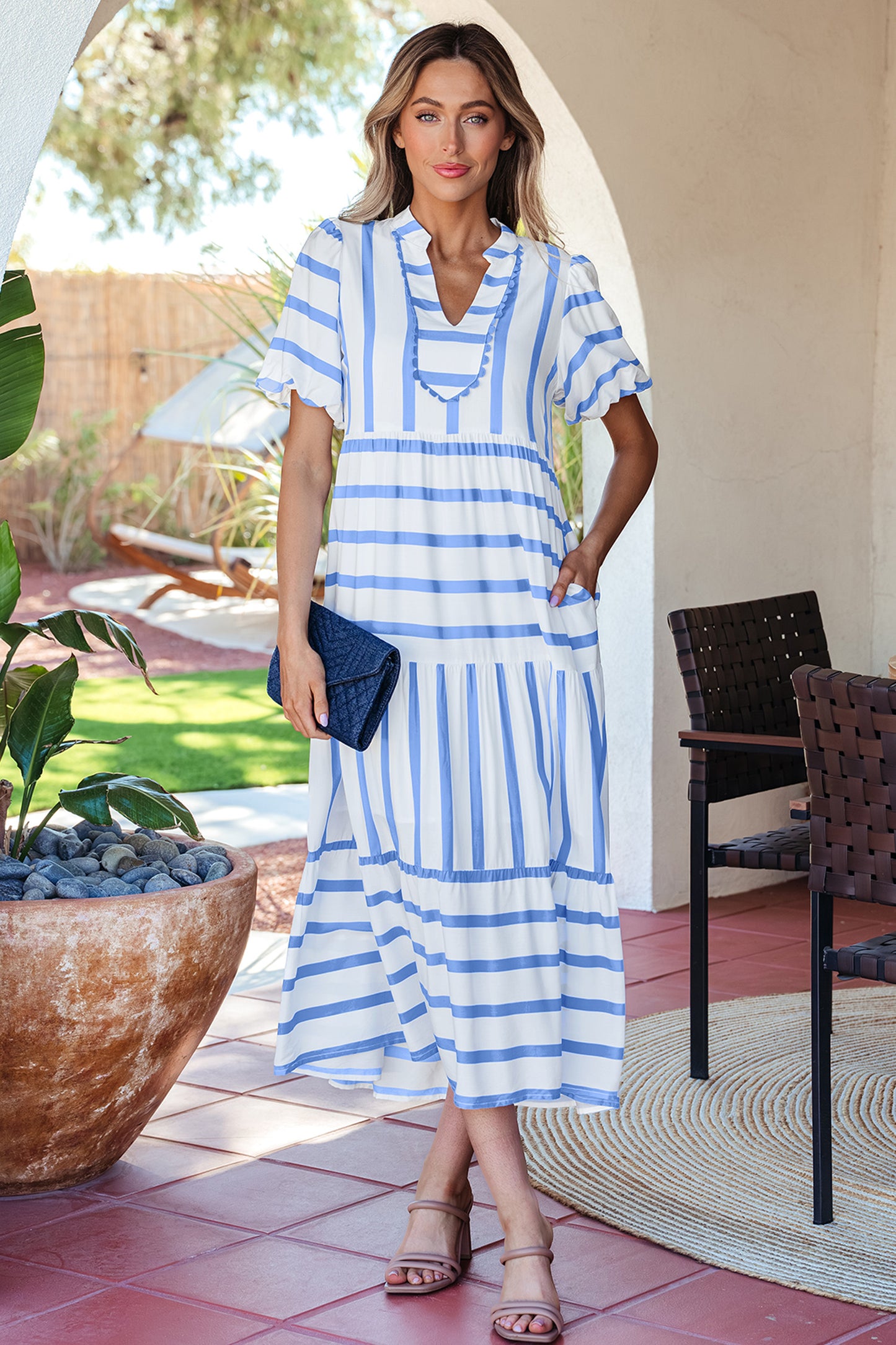 Sky Blue Stripe Ricrac Trim Dress