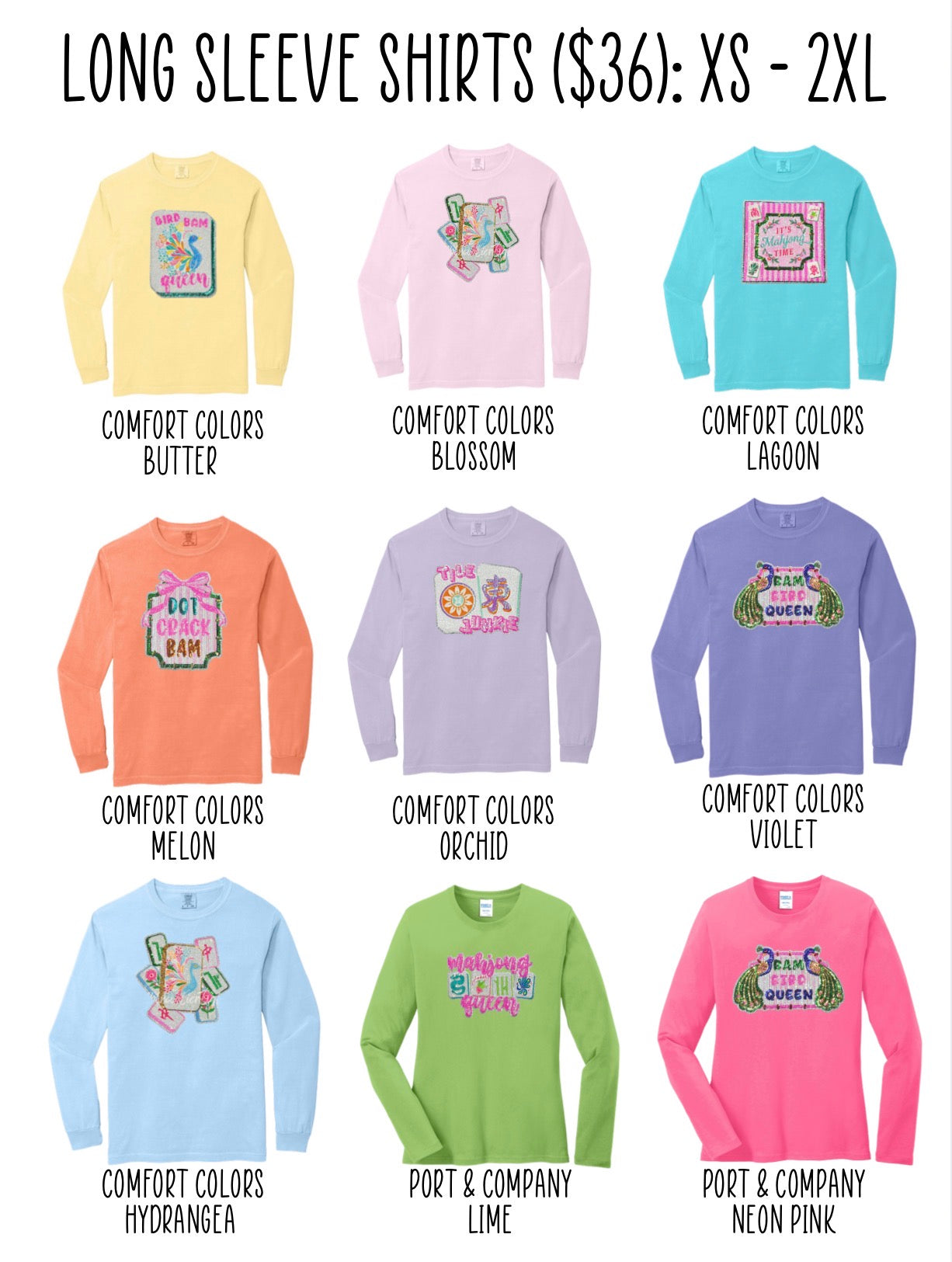 Mahjong Long Sleeve Tee - Multiple Patches, Multiple Colors