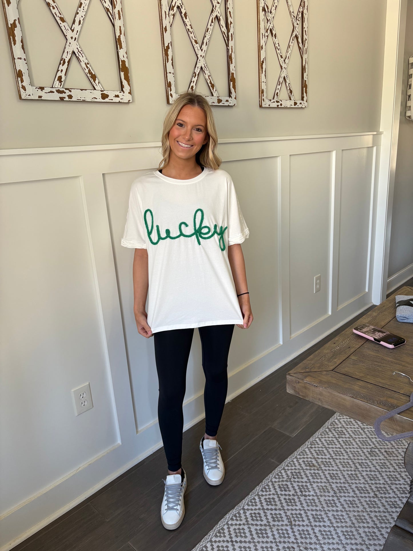 White Fuzzy Corded Lucky Graphic St Patrick Fashion Tee