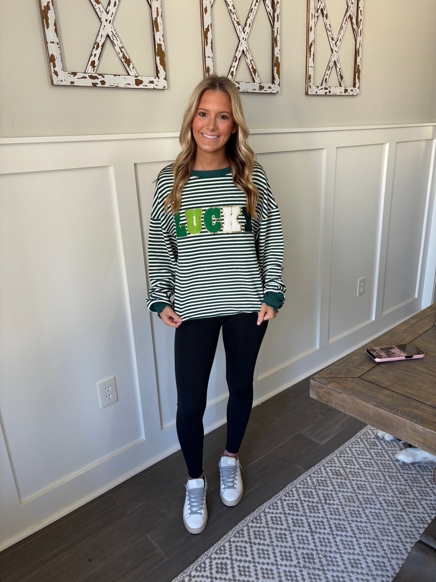 Green Stripe Chenille LUCKY long sleeve top
