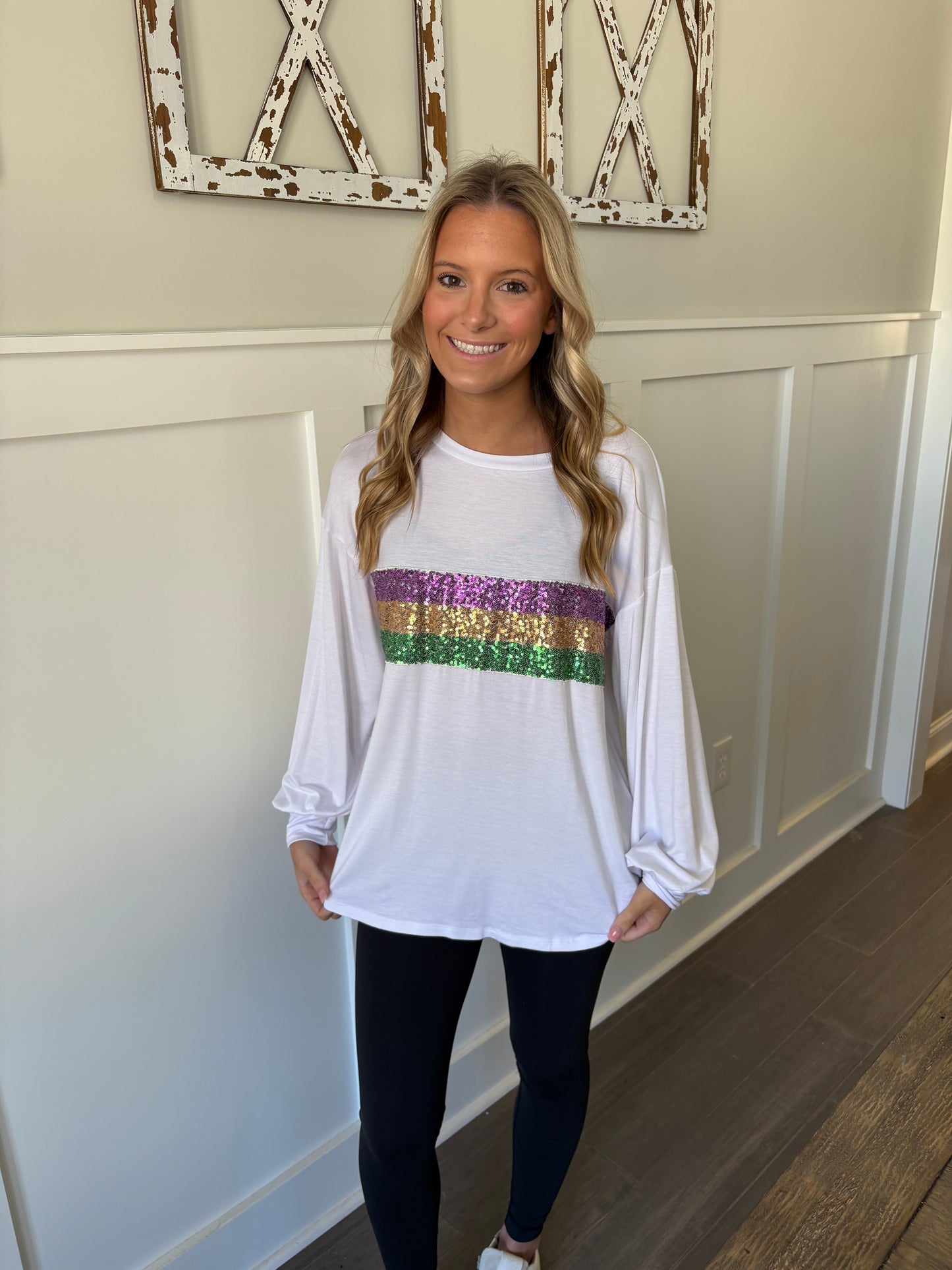 White Long Sleeve Mardi Gras, Color Block Sequin Trim Knit Top