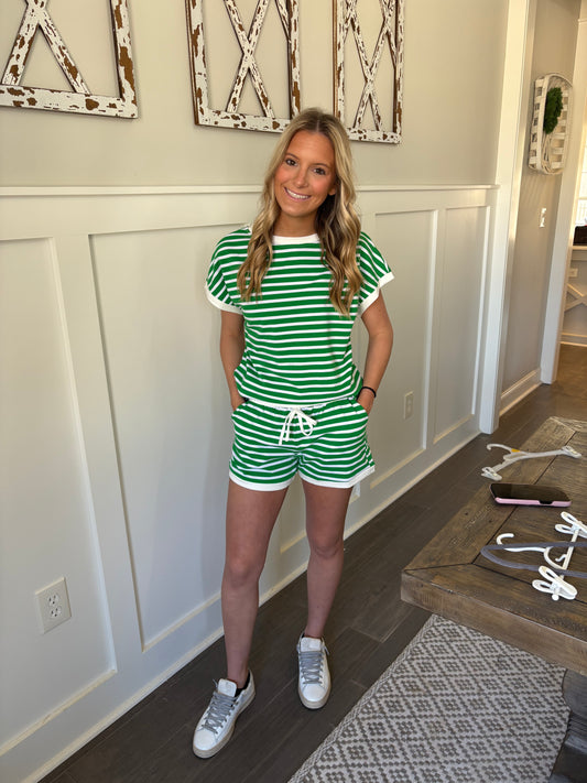 Dark Green Striped Cap Sleeve Tee and Shorts Set
