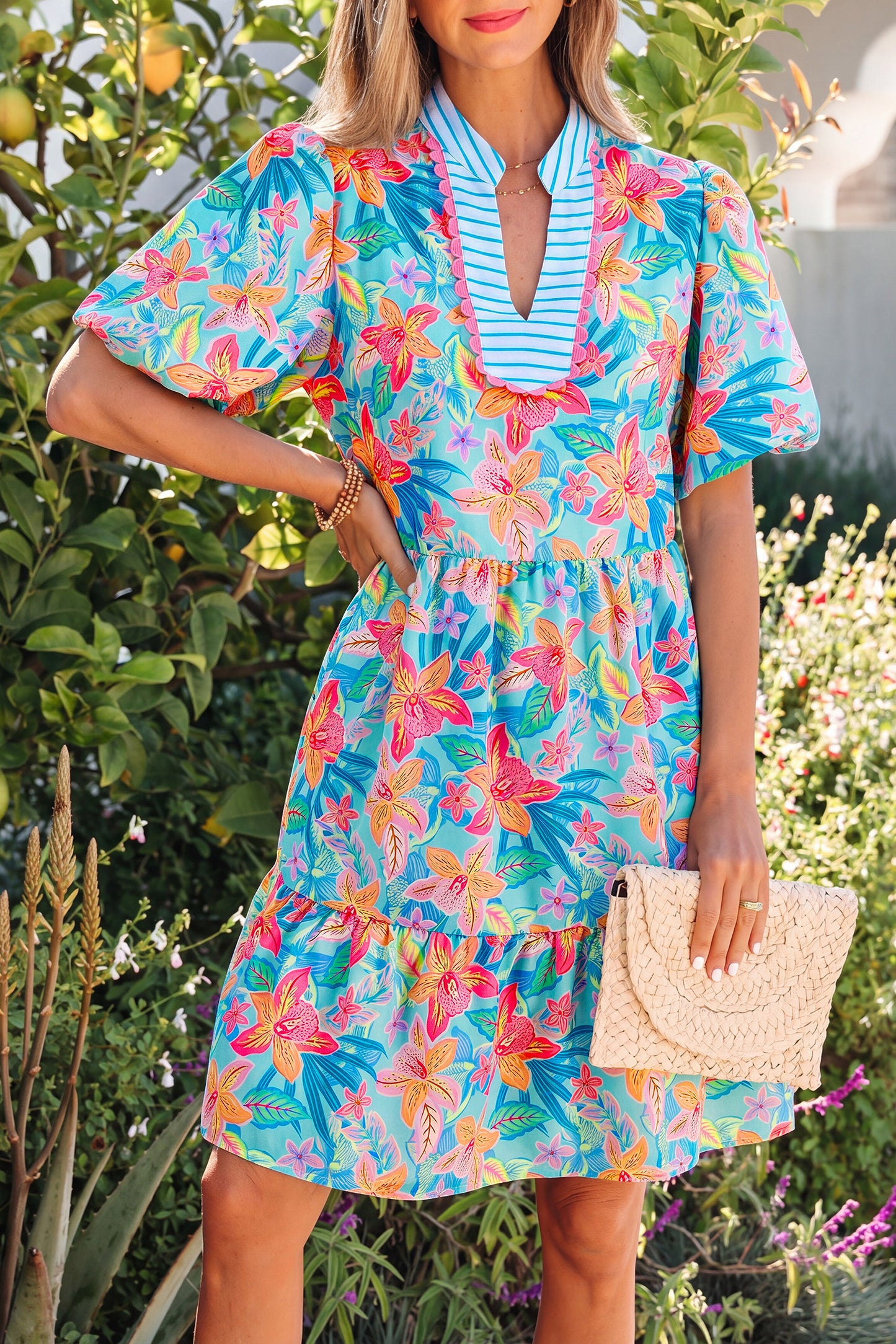 Multicolor Floral Print Contrast Scallop Striped Trim V Neck Dress