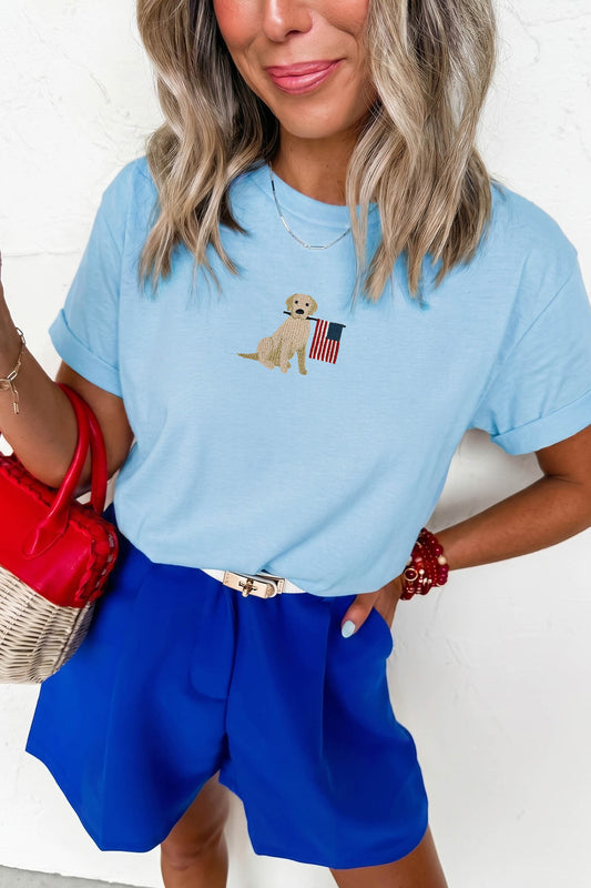 Light Blue Embroidered Dog American Flag Tee