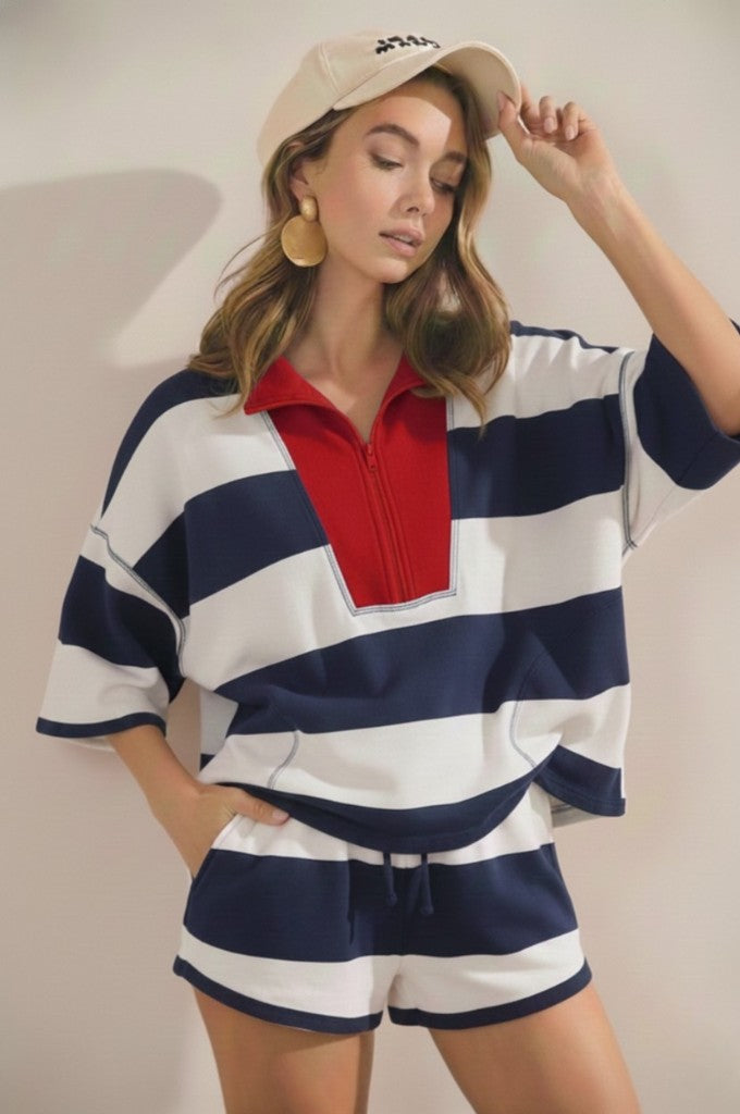 Navy Stripe Front Zip Shorts Set