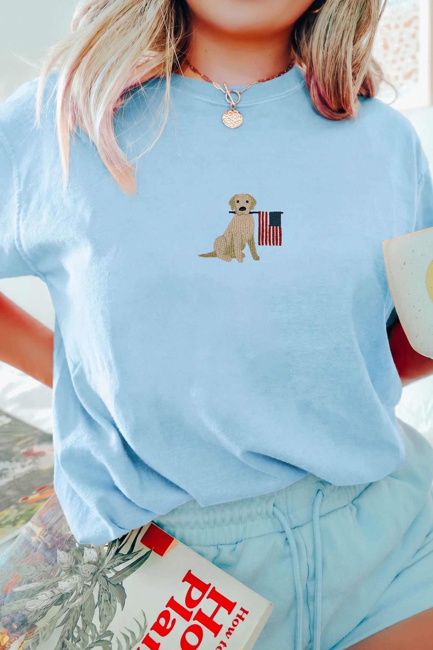 Light Blue Embroidered Dog American Flag Tee