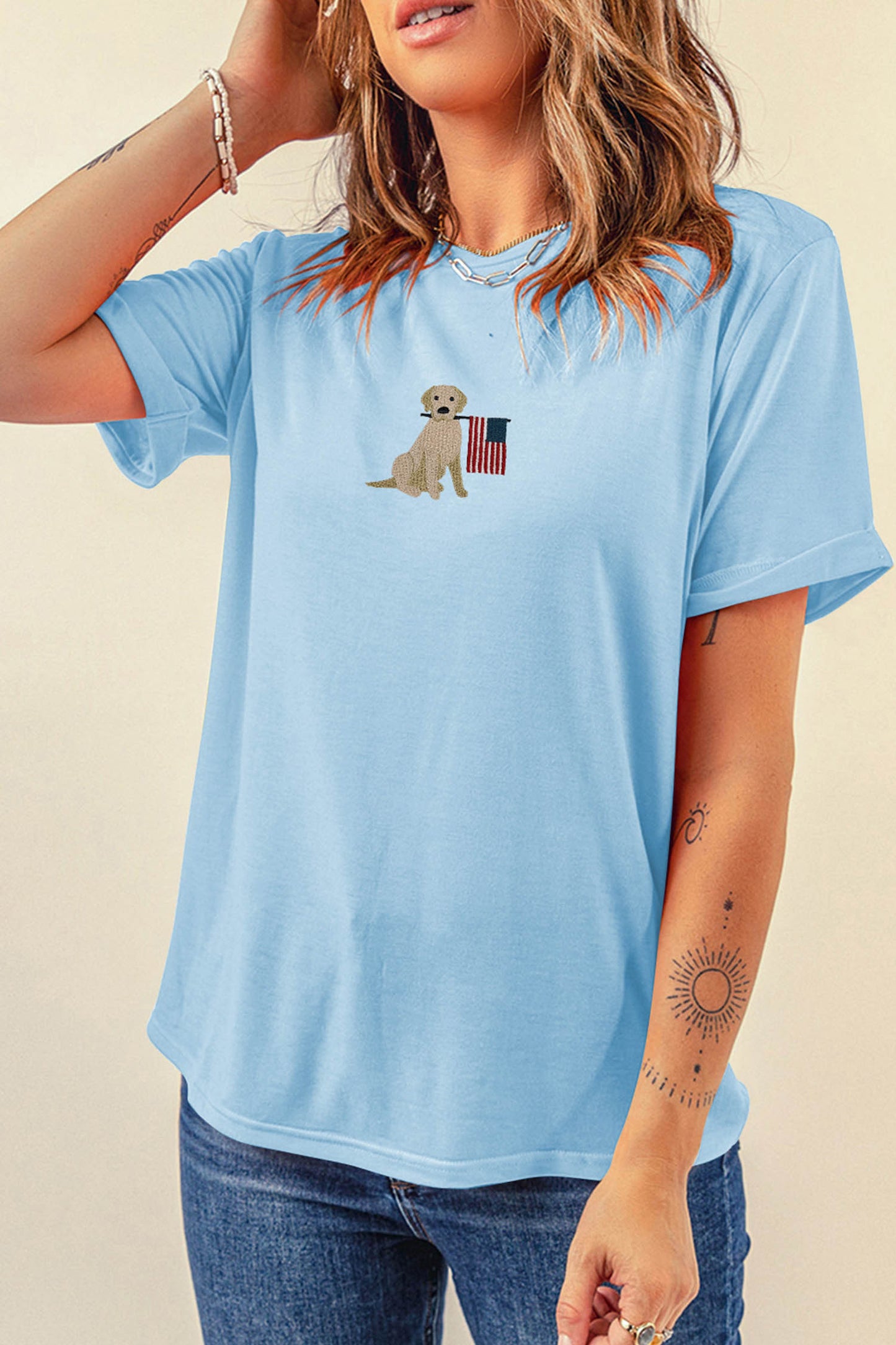 Light Blue Embroidered Dog American Flag Tee