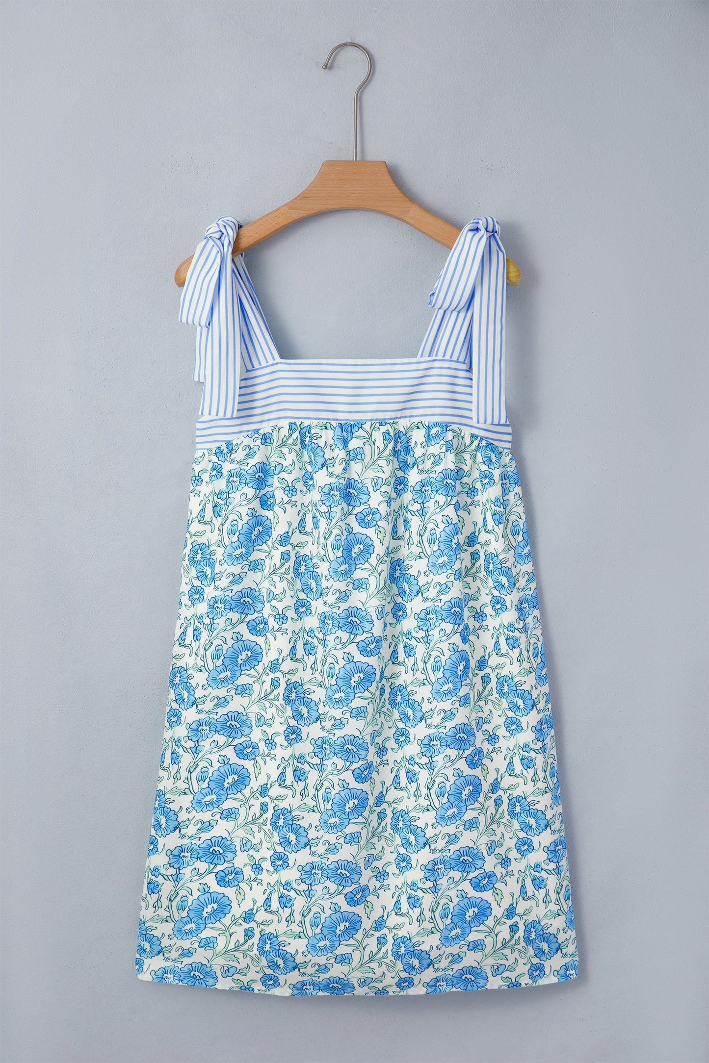 Sky Blue Floral Print Striped Bow Knot Dress