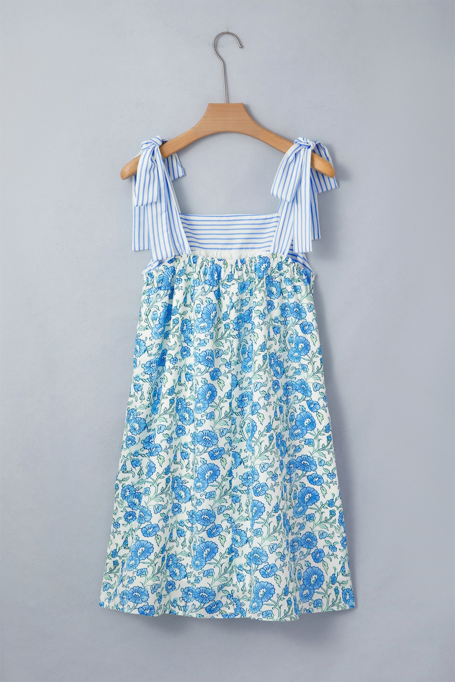 Sky Blue Floral Print Striped Bow Knot Dress