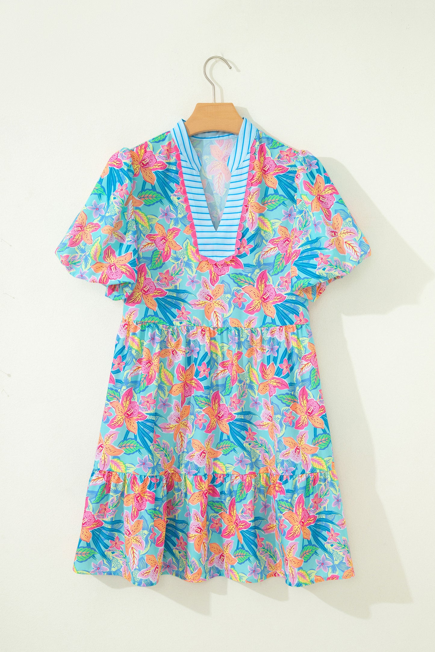 Multicolor Floral Print Contrast Scallop Striped Trim V Neck Dress