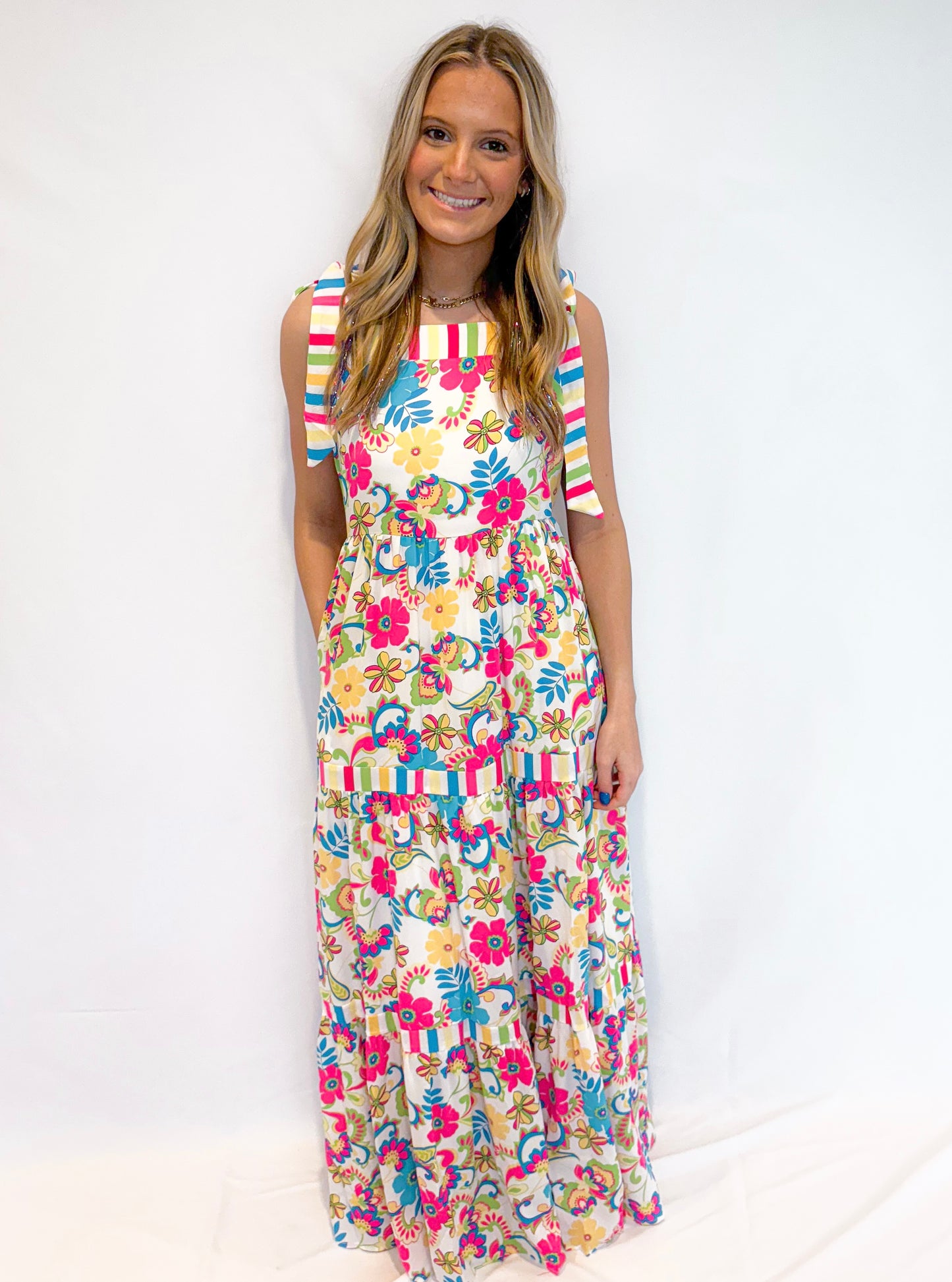 Floral Stripe Tie Strap with Pockets Maxi Dress