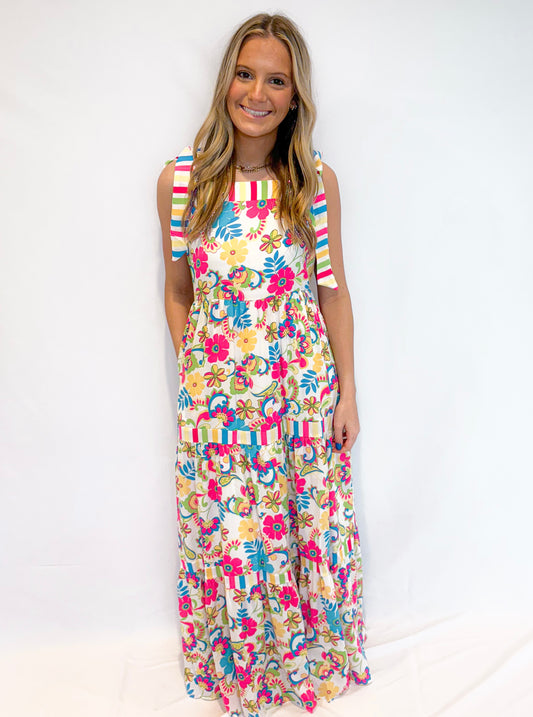Floral Stripe Tie Strap with Pockets Maxi Dress