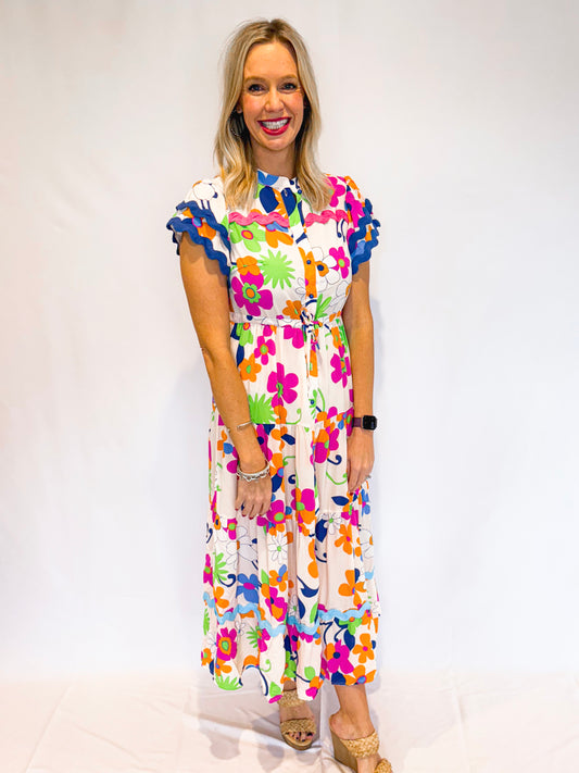 Pink Ricrac Trim Flutter Sleeve Buttoned Floral Maxi Dress