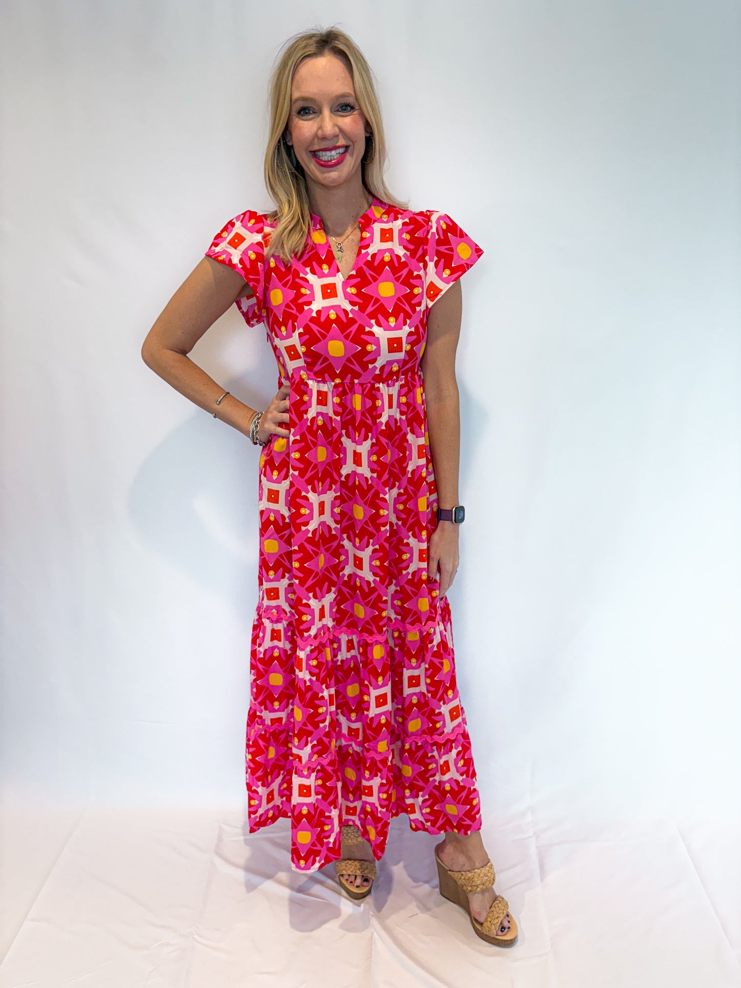 Pink Geo Print V-neck Maxi Dress