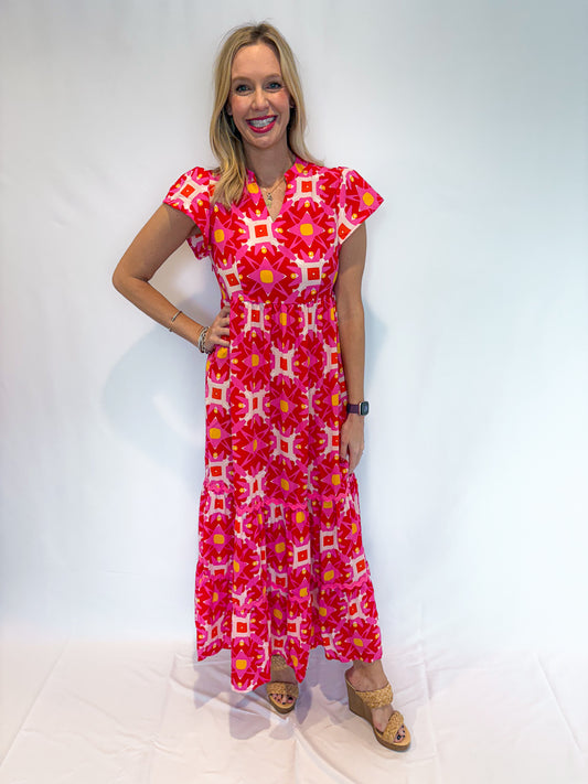 Pink Geo Print V-neck Maxi Dress