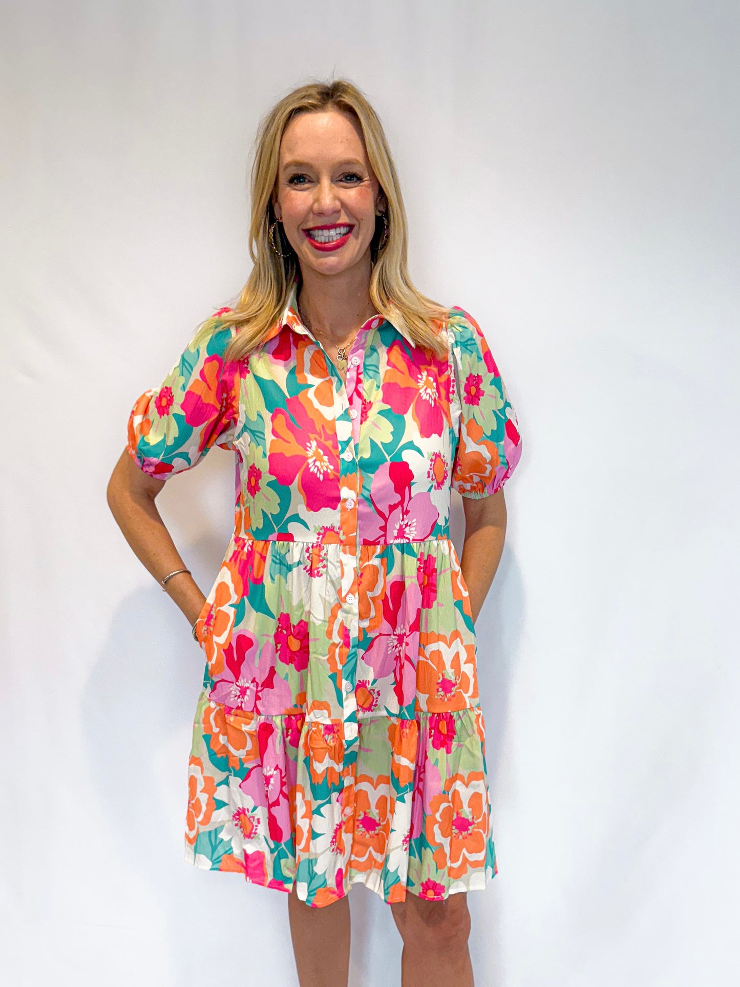 Pink Floral Puff Sleeve Collar Buttoned with Pockets Babydoll Dress