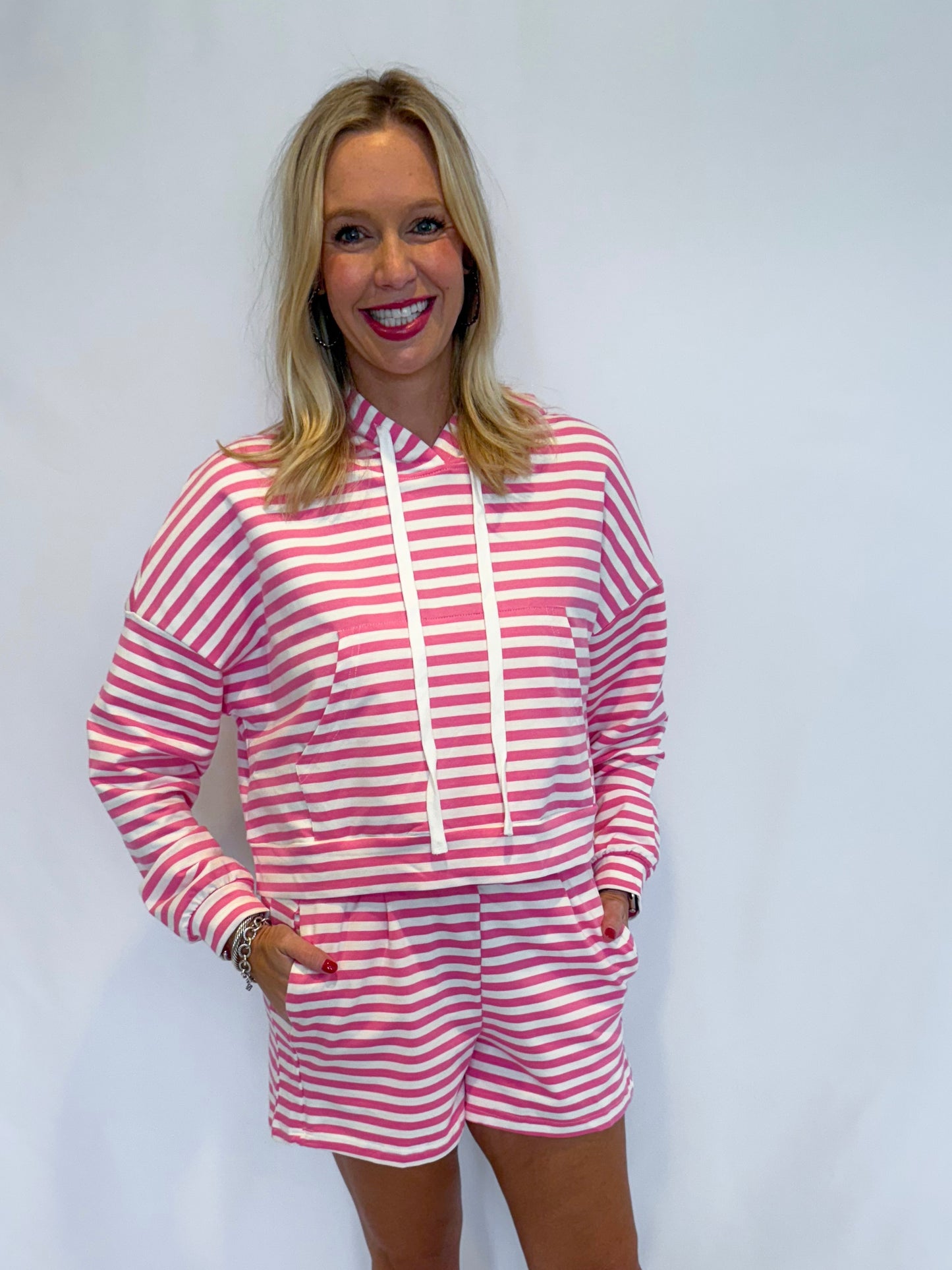 Pink White Striped Hooded short set