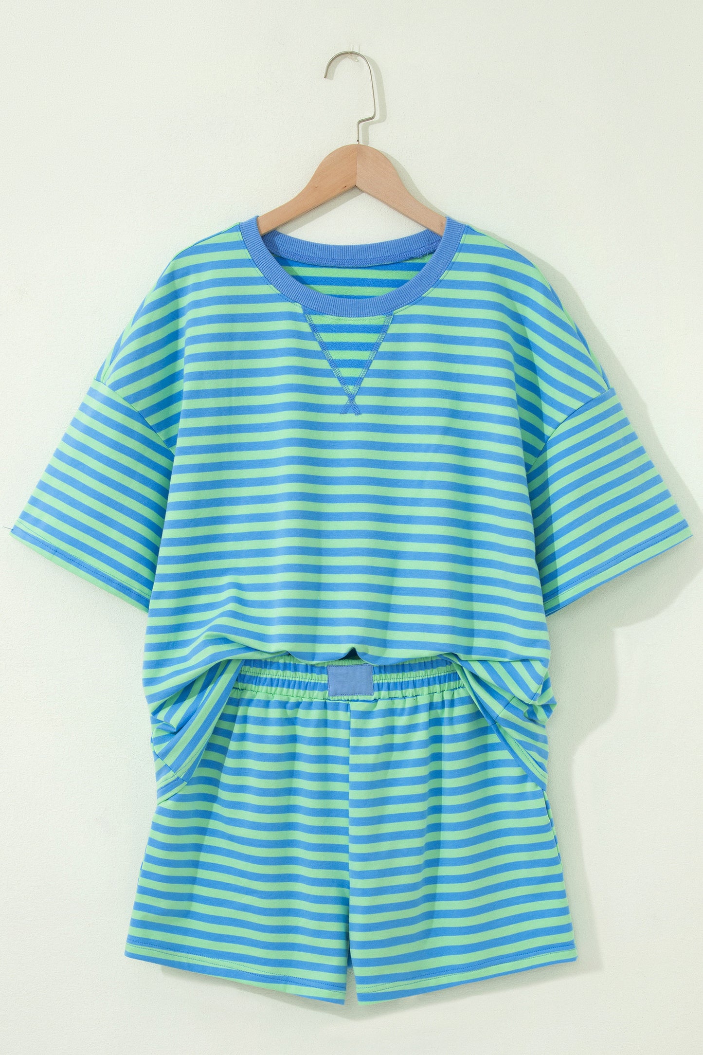 Green Stripe Striped Ribbed Cotton Two-Piece Short Set