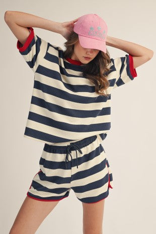 Navy Stripe Waffle Top and Shorts Set