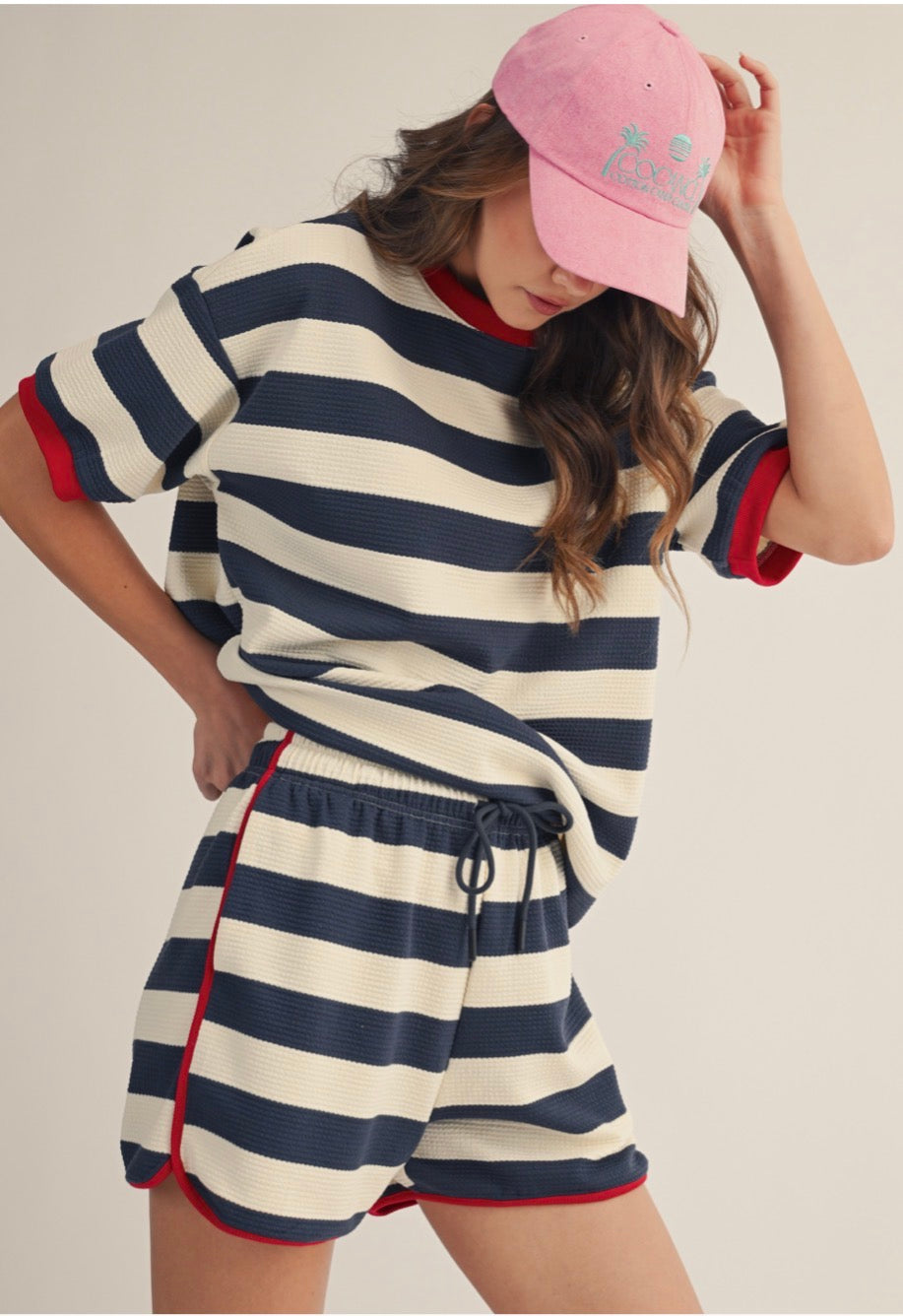 Navy Stripe Waffle Top and Shorts Set