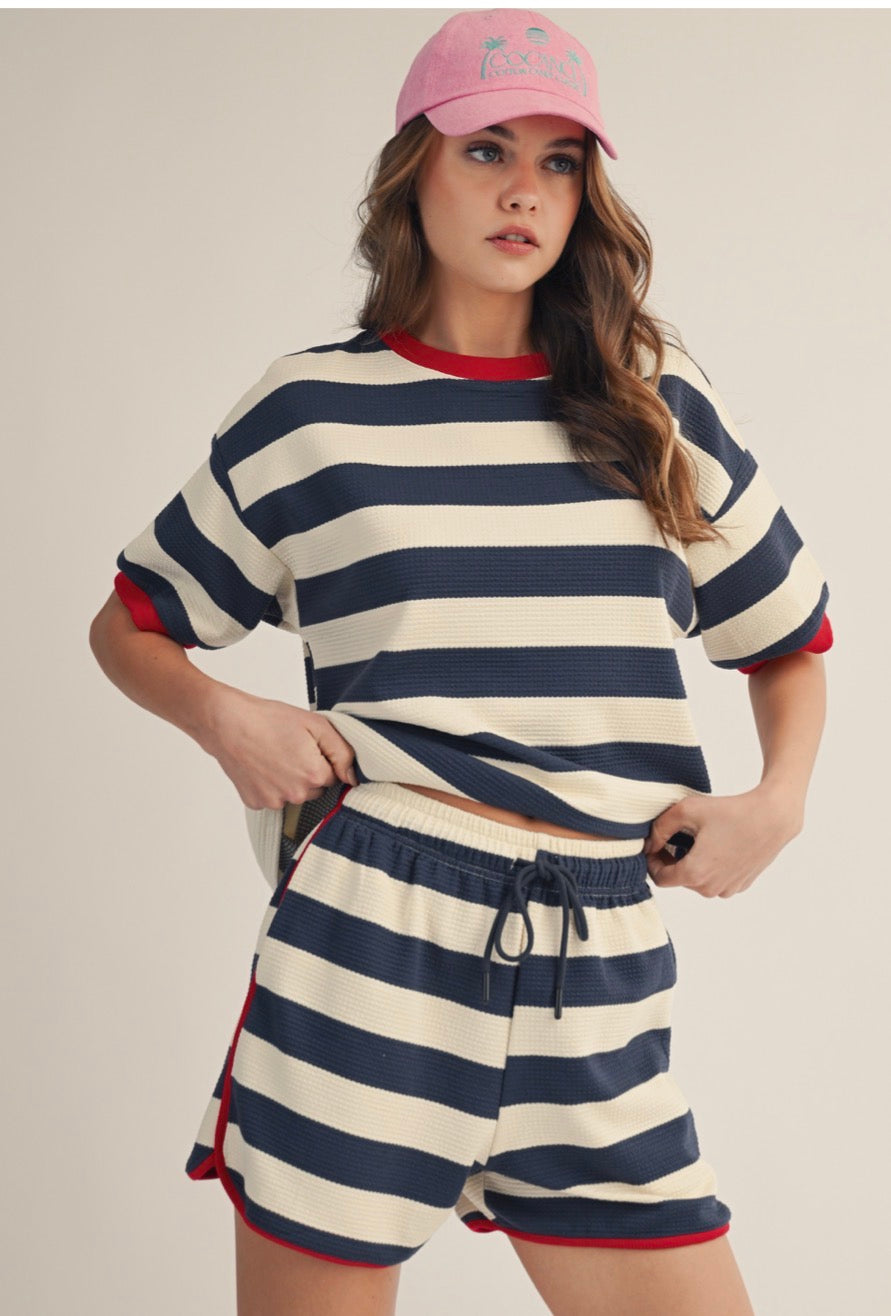 Navy Stripe Waffle Top and Shorts Set