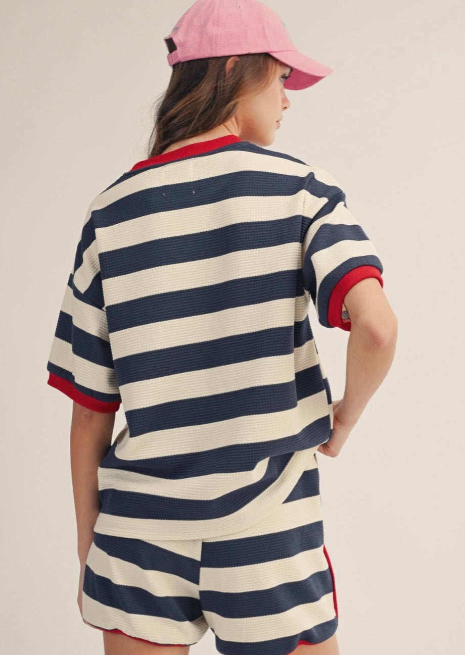 Navy Stripe Waffle Top and Shorts Set