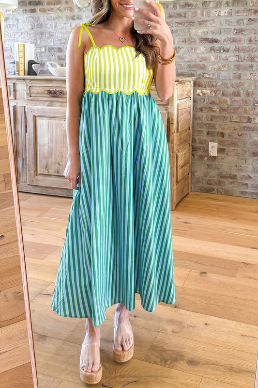 Green Stripe Scallop Midi Dress