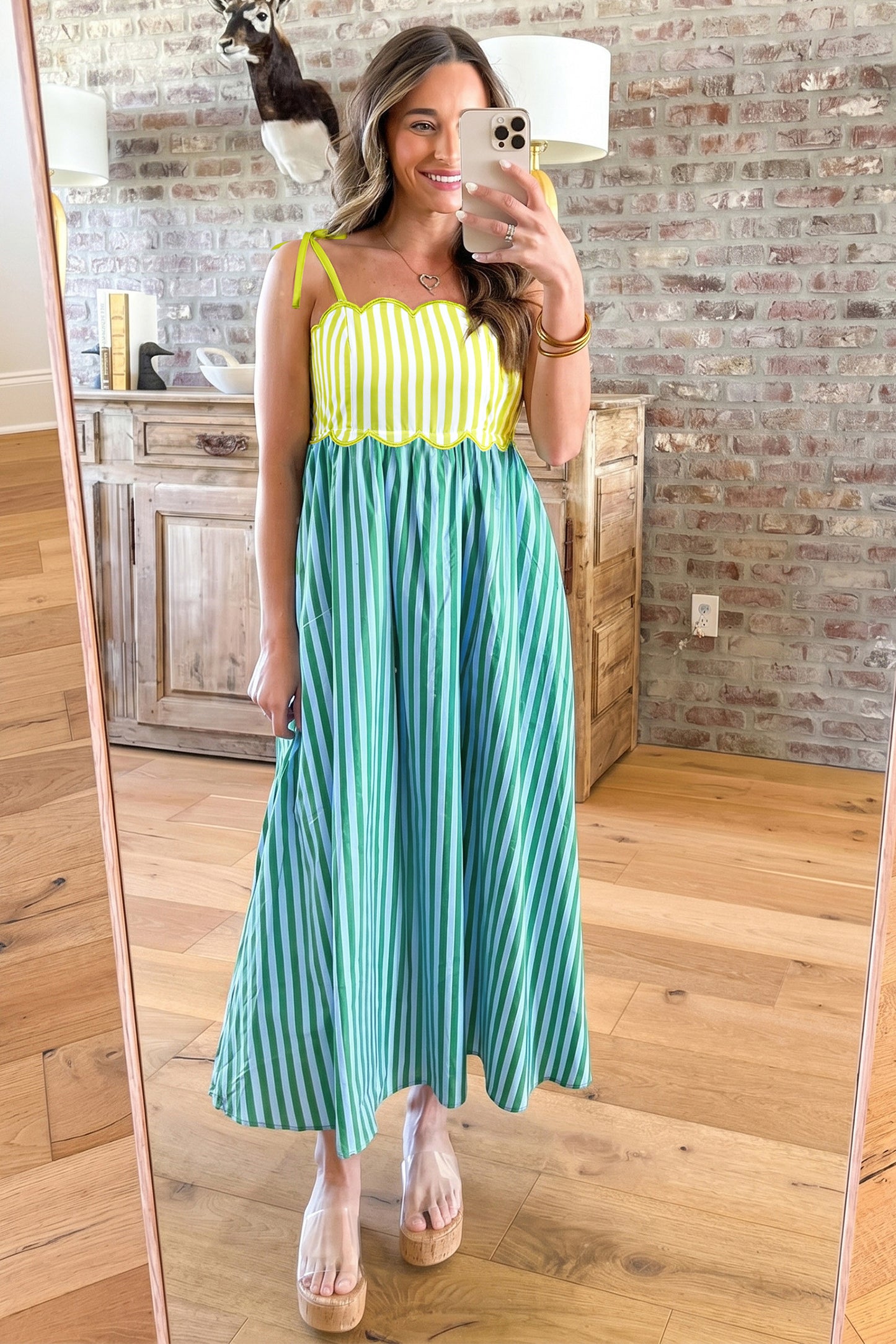 Green Stripe Scallop Midi Dress