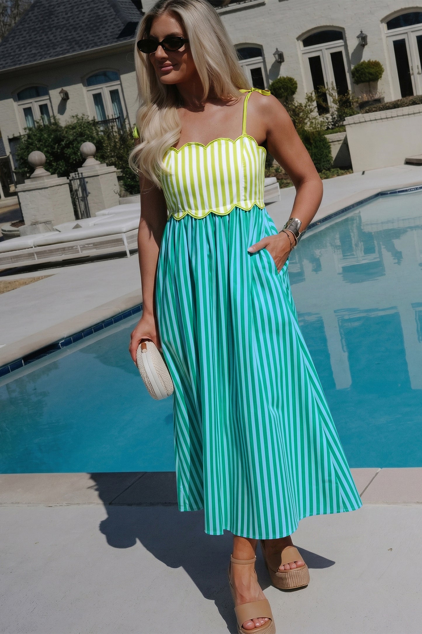 Green Stripe Scallop Midi Dress