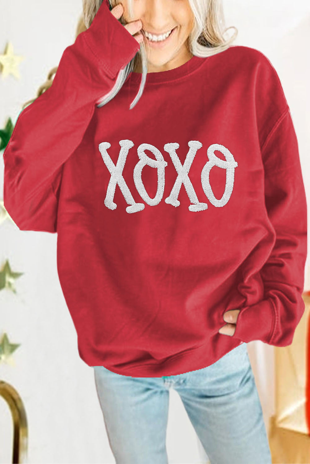 Racing Red Alphabet Chenille Embroidered Pullover Sweatshirt