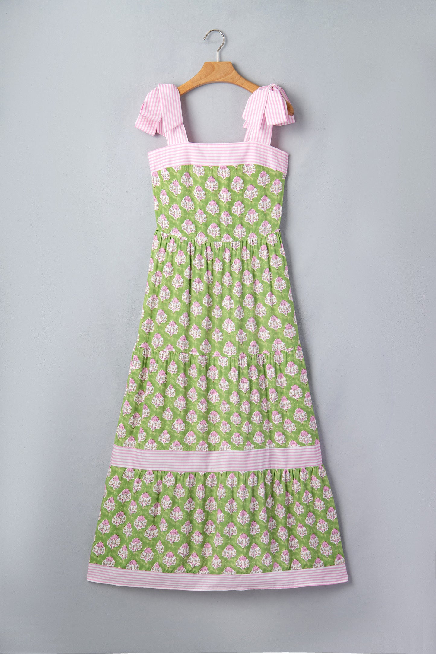 Green Floral Print Striped Detail Knot Straps Maxi Dress