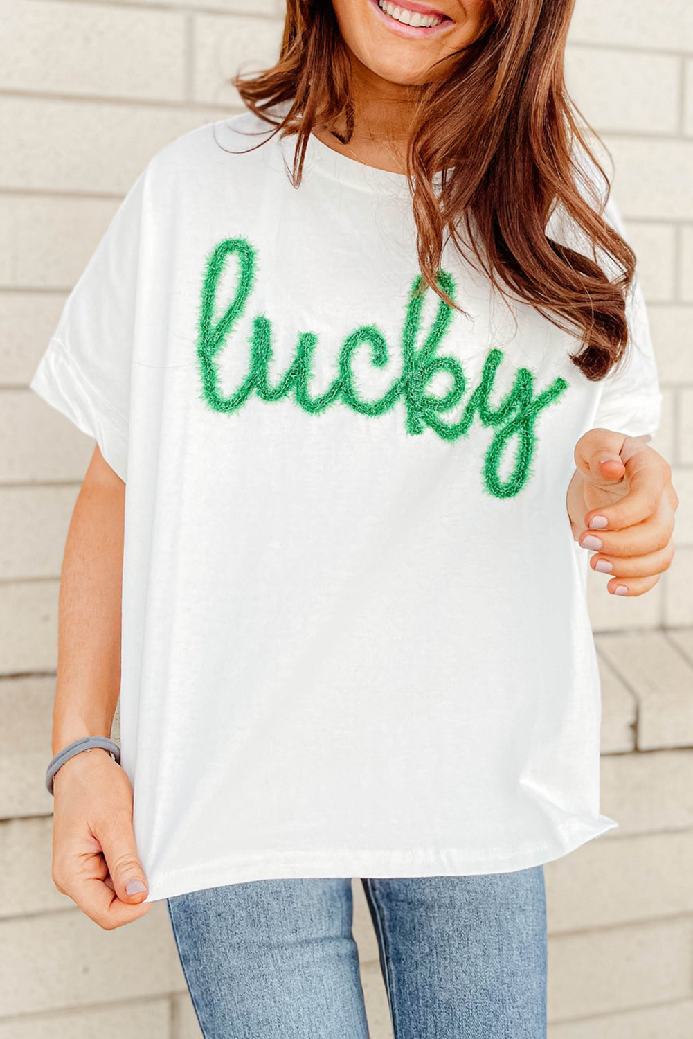 White Fuzzy Corded Lucky Graphic St Patrick Fashion Tee