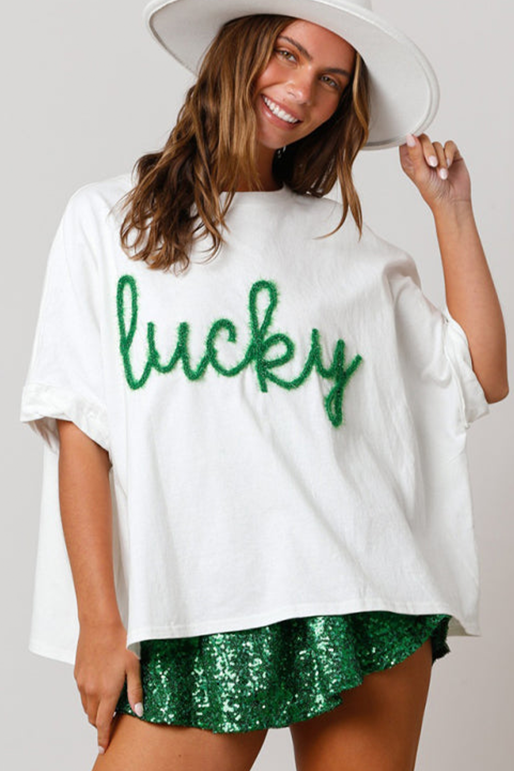 White Fuzzy Corded Lucky Graphic St Patrick Fashion Tee