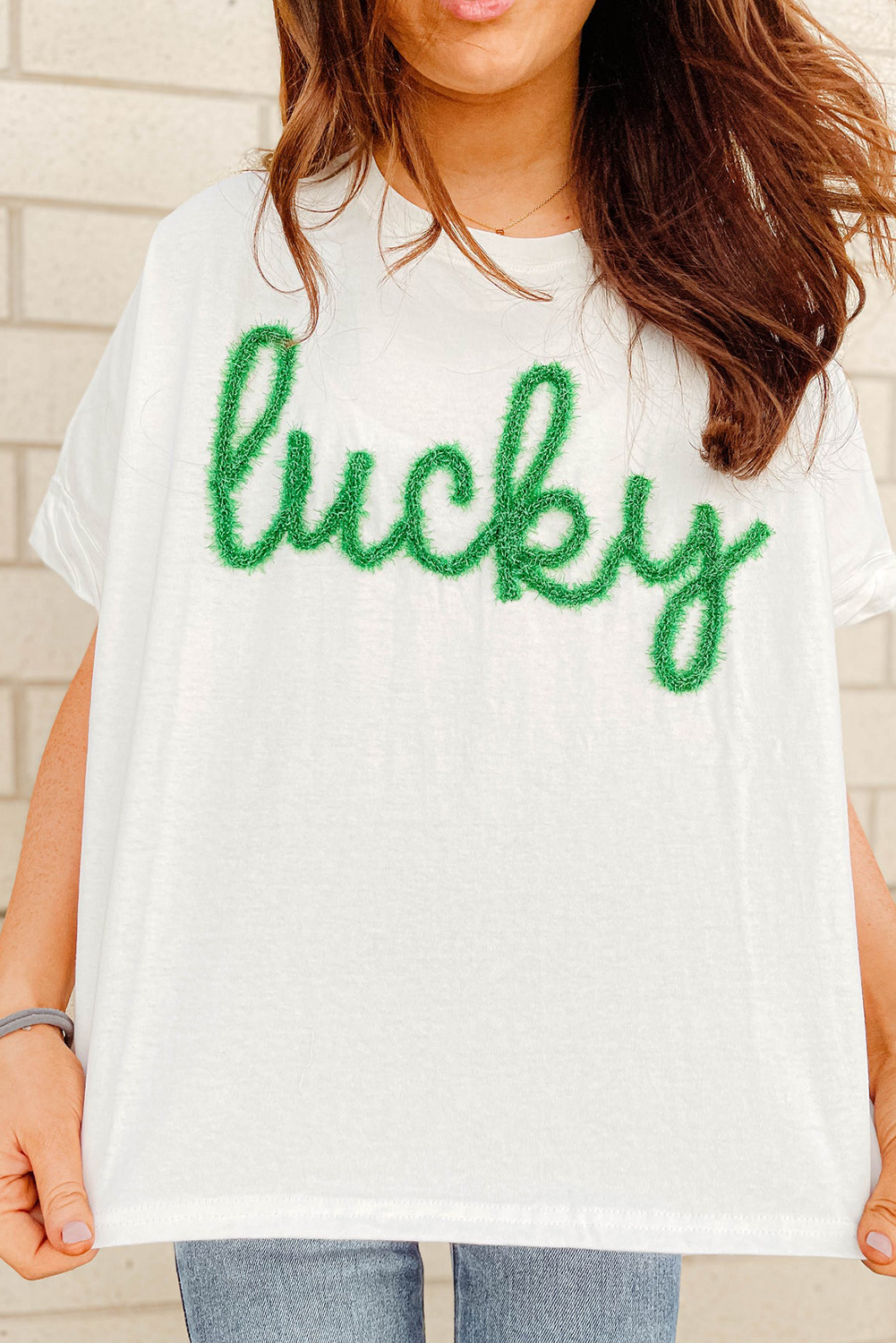 White Fuzzy Corded Lucky Graphic St Patrick Fashion Tee