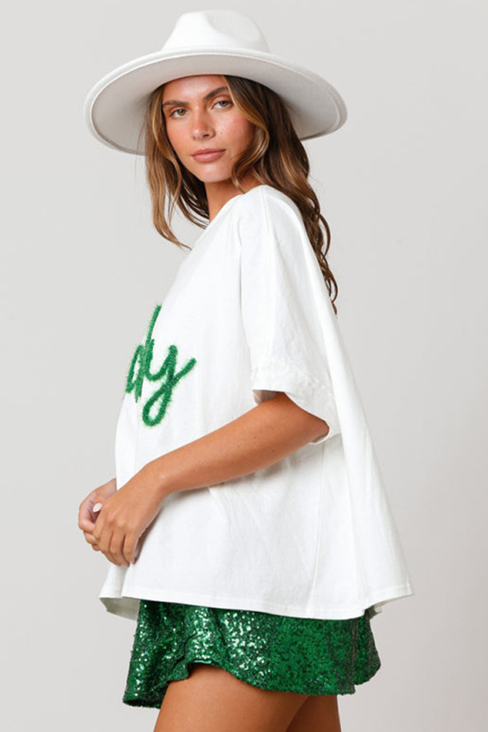 White Fuzzy Corded Lucky Graphic St Patrick Fashion Tee